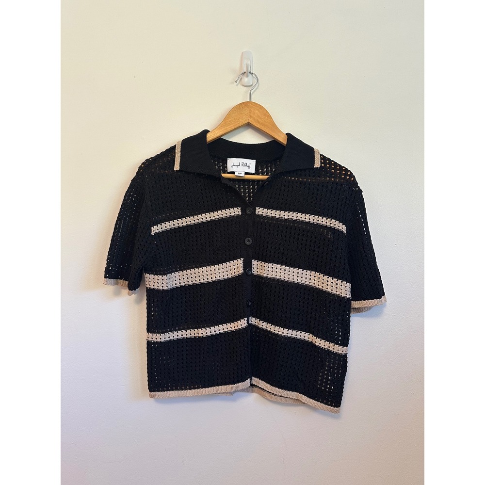Joseph Ribkoff Black and Beige Striped Crochet Knit Polo | Size Medium